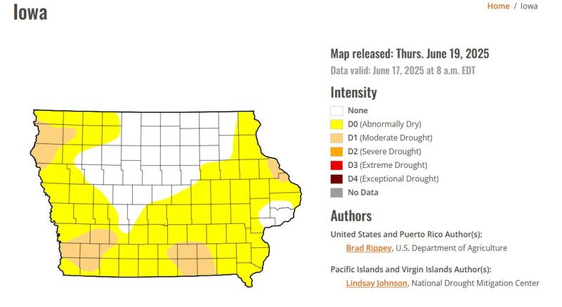 U.S. Drought Monitor's record of Iowa's dryness status as of June 19, 2025.