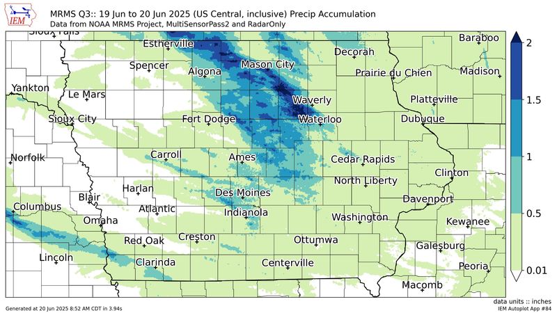 Rainfall totals from June 19 to June 20, 2025.