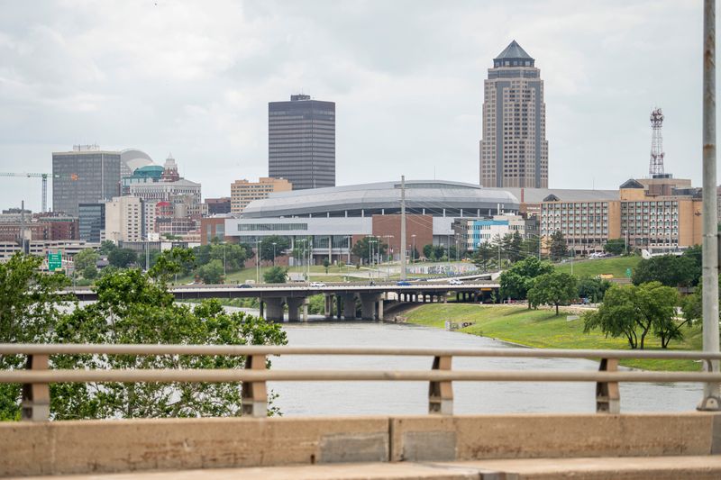 The Des Moines skyline is seen on June 23, 2025, in Des Moines. After almost 20 years, the Wells Fargo Arena will be officially renamed Casey’s Center by July 1, 2025.
