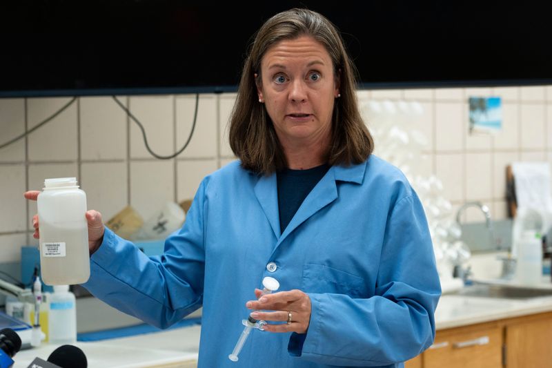 Des Moines Water Works chemist Lisa Morarend demonstrates a nitrate test at Des Moines Water Works Fleur Drive Treatment Plant on June 24, 2025, in Des Moines.