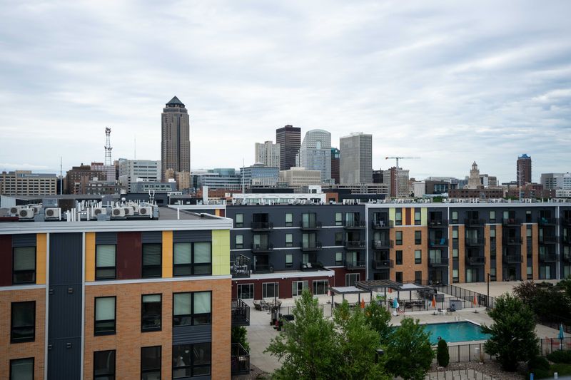 The Des Moines skyline is seen from the rooftop of The Meridian at Gray's Landing apartments on June 24, 2025, in Des Moines.