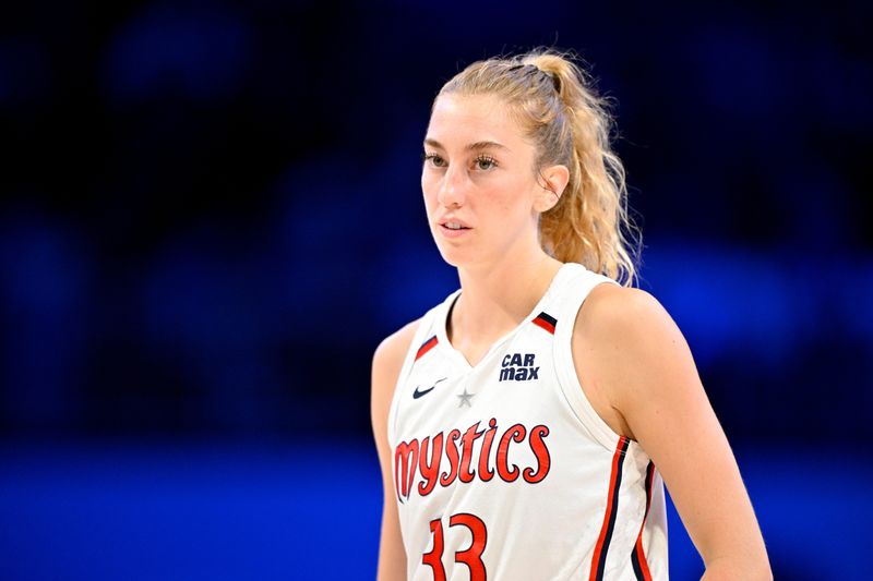 Jun 28, 2025; Arlington, Texas, USA; Washington Mystics guard Lucy Olsen (33) during the game between the Dallas Wings and the Washington Mystics at College Park Center. Mandatory Credit: Jerome Miron-Imagn Images