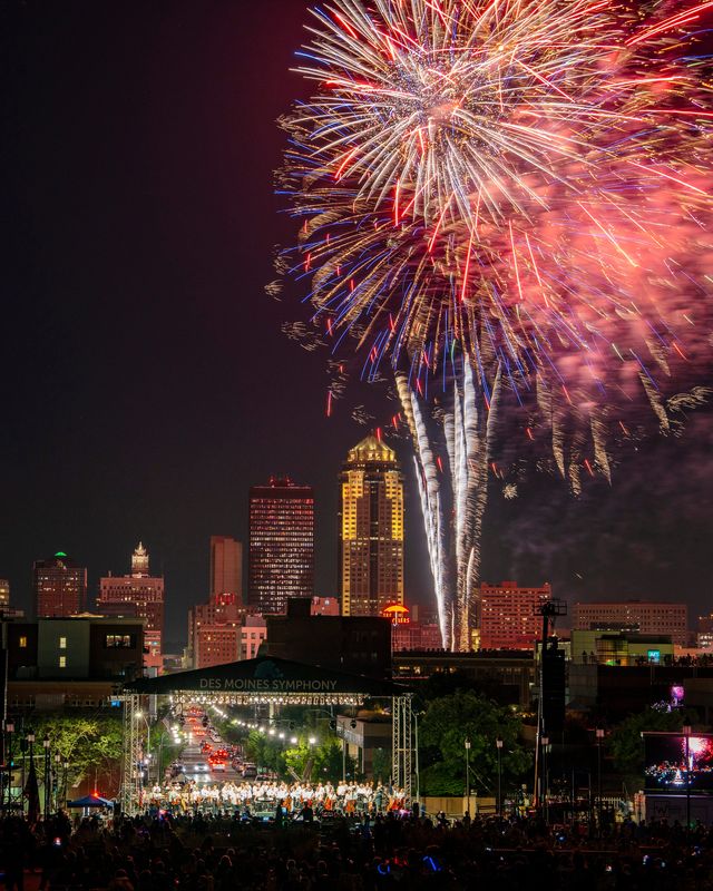 Fireworks fill the sky during the Des Moines Symphony's 31st Annual Yankee Doodle Pops at the Iowa State Capitol, July 3, 2025, in Des Moines.