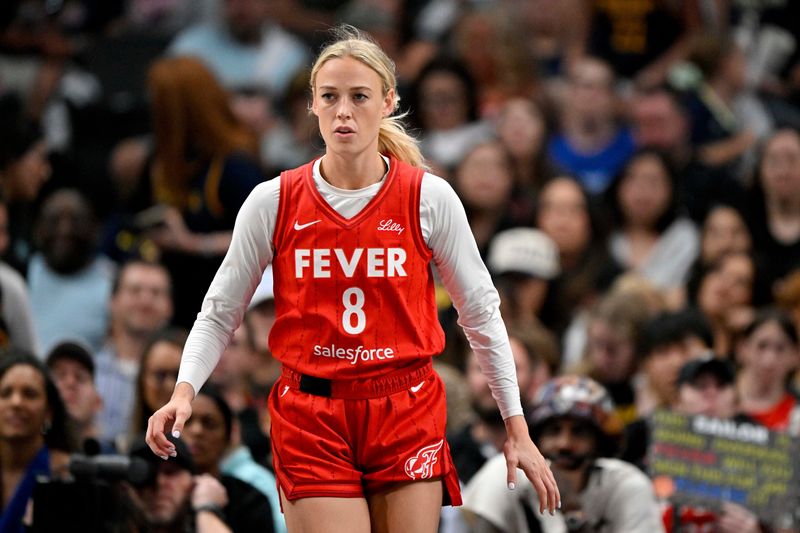 Jun 27, 2025; Dallas, Texas, USA; Indiana Fever guard Sophie Cunningham (8) during the game between the Dallas Wings and the Indiana Fever at the American Airlines Center. Mandatory Credit: Jerome Miron-Imagn Images