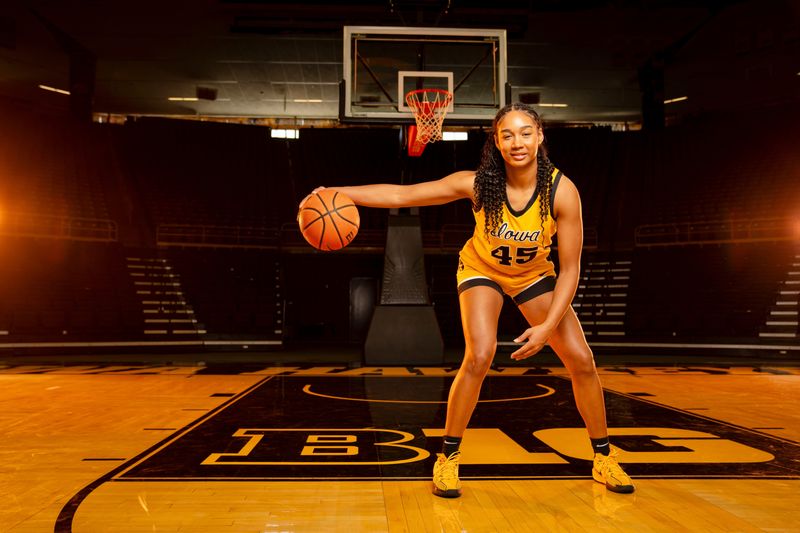 Hannah Stuelke stands for a photo during Iowa Womenâ€™s Basketball media day at Carver Hawkeye Arena in Iowa City, Thursday, Oct. 10, 2024.