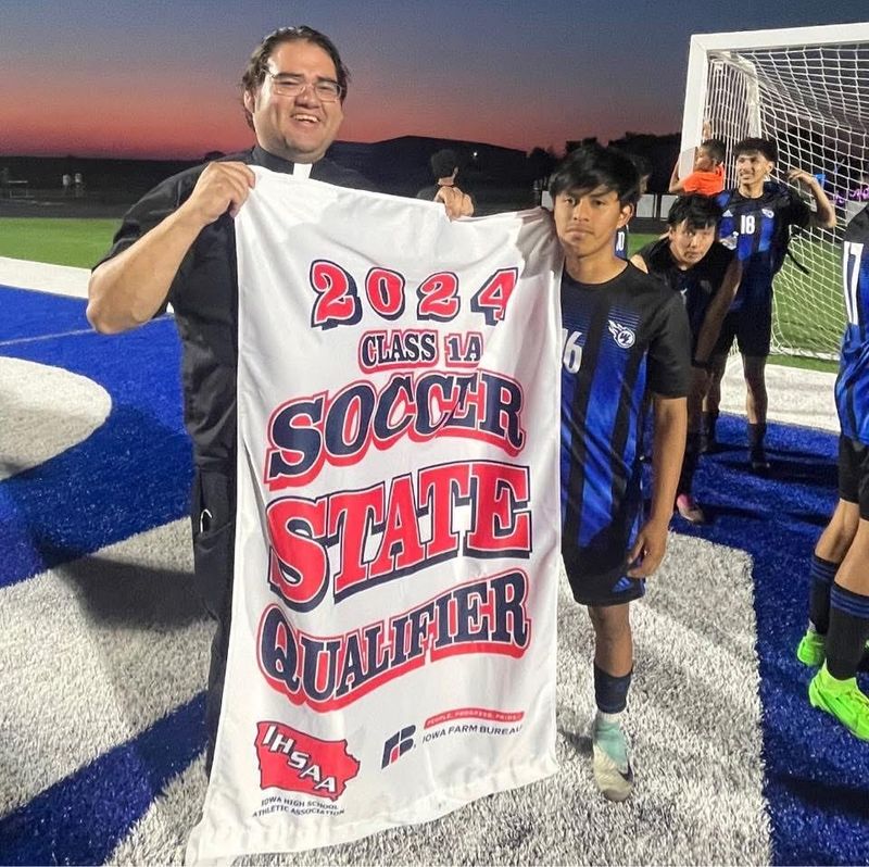 Pascual Pedro (right), a former West Liberty High School soccer star, stands in a photo in 2024 with Escucha Mi Voz board president, Father Guillermo Treviño. Pedro, 20, was recently detained by ICE officials and deported to his home country of Guatemala.