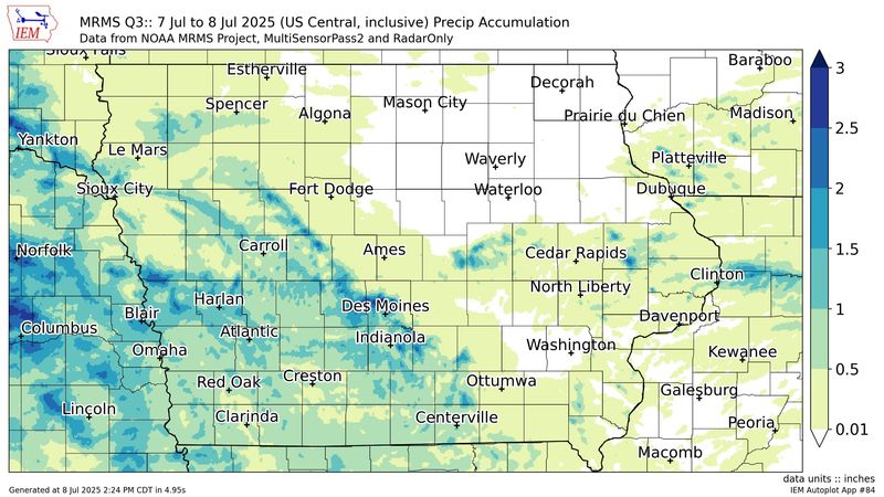 Thunderstorms brought up to 2 inches of rain to some parts of Iowa from the evening of Monday, July 7, 2025 through Tuesday, July 8.