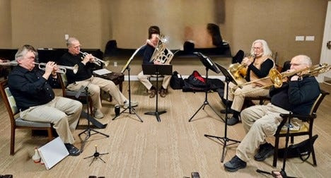 Current Old Post Office Brass members:  Dave Gosse and Roger Dykstra (trumpet), Steve Schomberg *tuba), Mary Swenson (French Horn), and Ken Slonneger (trombone).