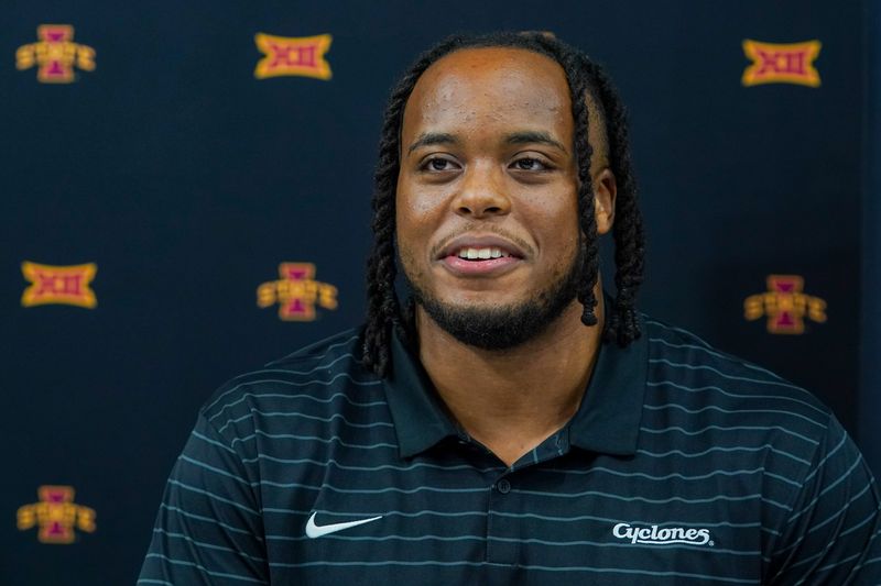 Jul 8, 2025; Frisco, TX, USA; Iowa State defensive lineman Domonique Orange answers questions from the media during 2025 Big 12 Football Media Days at The Star. Mandatory Credit: Raymond Carlin III-Imagn Images