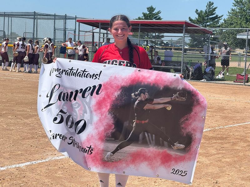 ADM's Lauren Hagedorn poses for a photo after recording her 500th strikeout during the Dallas Center-Grimes Invitational on July 3, 2025.