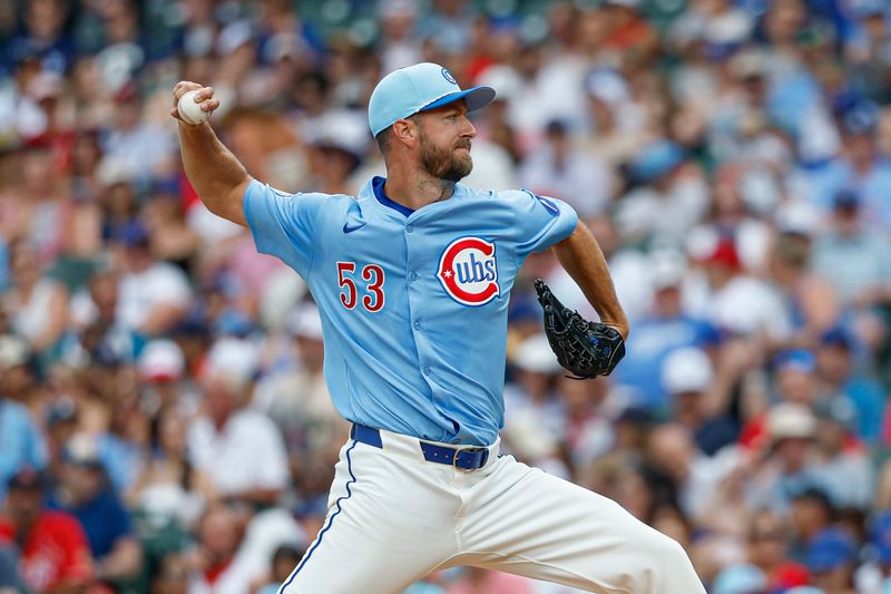 Chicago Cubs starting pitcher Colin Rea delivers a pitch against the St. Louis Cardinals on July 10 at Wrigley Field in Chicago.