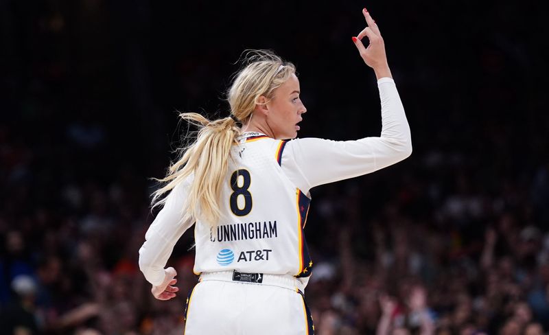 Jul 15, 2025; Boston, Massachusetts, USA; Indiana Fever guard Sophie Cunningham (8) reacts after her three point basket against the Connecticut Sun in the second quarter at TD Garden. Mandatory Credit: David Butler II-Imagn Images