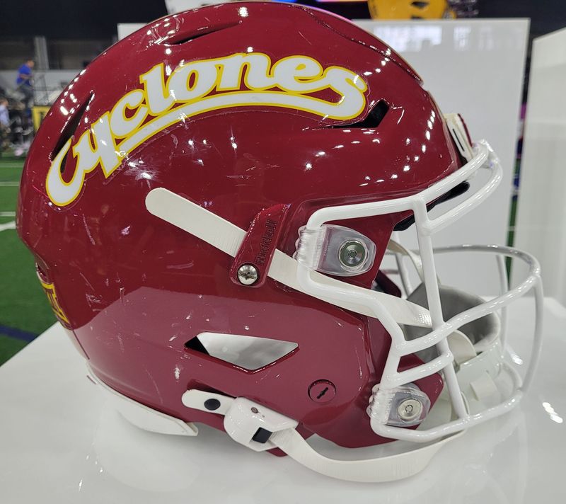 An Iowa State football helmet is shown on July 8, 2025, at Big 12 media days at The Star in Frisco, Texas.