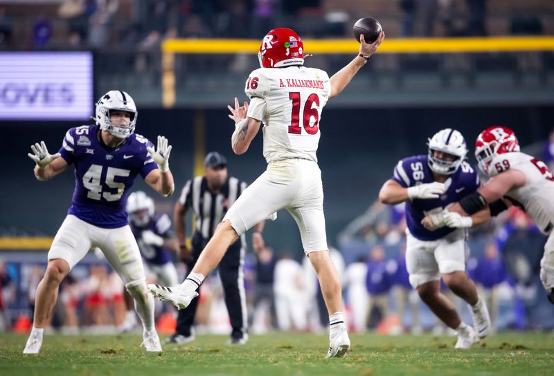 Dec 26, 2024; Phoenix, AZ, USA; Rutgers Scarlet Knights quarterback Athan Kaliakmanis (16) against the Kansas State Wildcats during the second half of the Rate Bowl at Chase Field. Mandatory Credit: Mark J. Rebilas-Imagn Images
