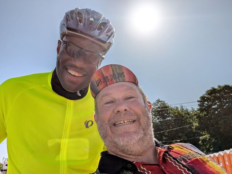 Kyle Robberts of Des Moines with NBA Hall-of-Famer David Robinson on RAGBRAI Day Four, Wednesday, July 23, 2025.