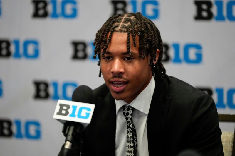 Jul 24, 2025; Las Vegas, NV, USA; Iowa defensive back Koen Entringer speaks to the media during the Big Ten NCAA college football media days at Mandalay Bay Resort. Mandatory Credit: Lucas Peltier-Imagn Images