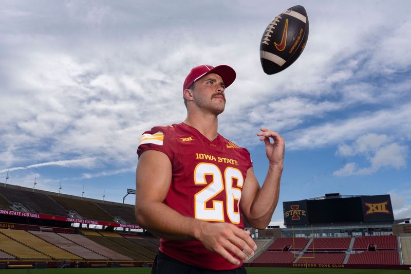 Linebacker Caleb Bacon stands for a portrait during Iowa State football media day at Jack Trice Stadium on July 25 in Ames.