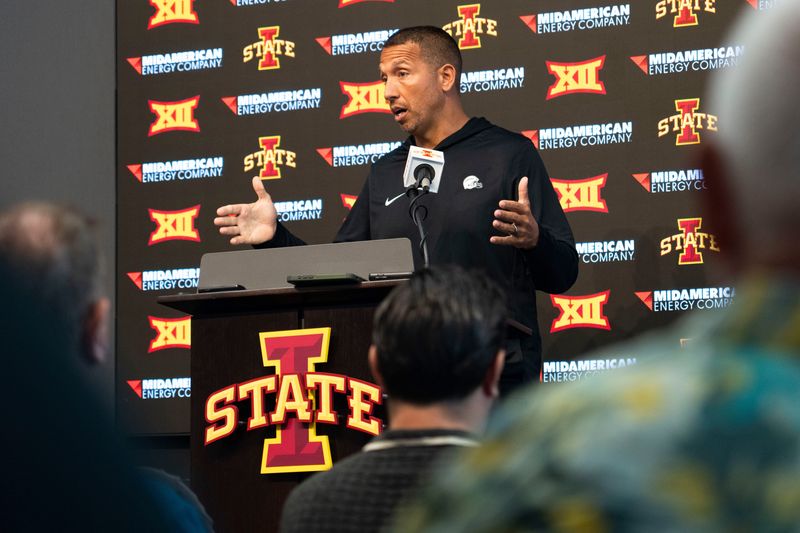 Iowa State football head coach Matt Campbell speaks during Iowa State football media day at Stark Performance Center on July 25, 2025, in Ames.