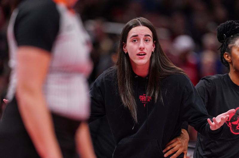 Indiana Fever guard Caitlin Clark (22) looks a the referee on Thursday, July 24, 2025, during the game at Gainbridge Fieldhouse in Indianapolis.