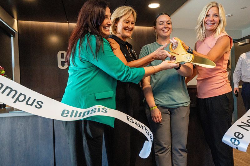 From left, Ellipsis CEO Kelly Hannan, Cindy Noble of the David J. Noble Foundation, Ellipsis Program Director Rebecca Chavis, and Director of Child Protective Services for Iowa Department of Health and Human Services Lori Frick cut the ribbon during a grand opening of the new Barbara Lee Noble Campus on July 29, 2025, in Des Moines. The new Ellipsis Foster Care campus provides 10 foster group care beds and eight supervised apartments for girls ages 16–18.