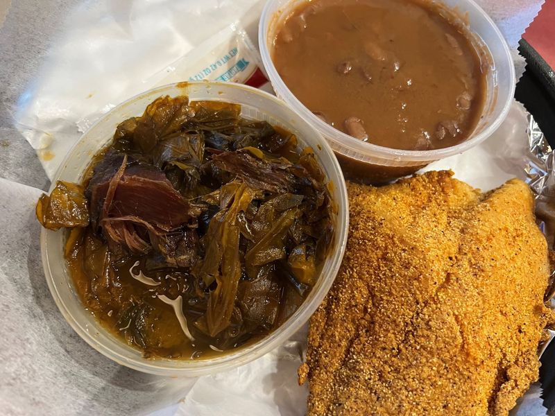 Catfish, collard greens with turkey, and baked beans are just some of the options at Good Eatin's.