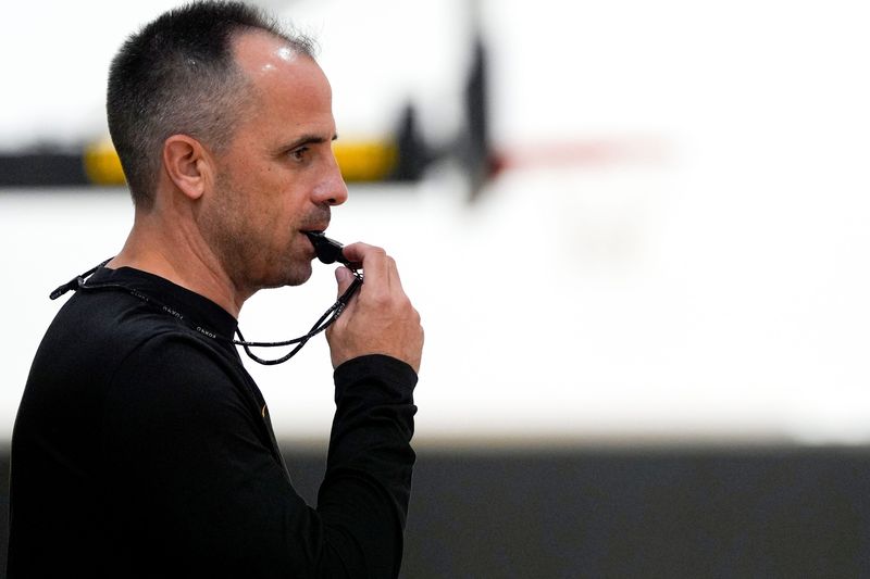 Iowa menâ€™s basketball head coach Ben McCollum leads practice June 19, 2025 at Carver-Hawkeye Arena in Iowa City, Iowa.