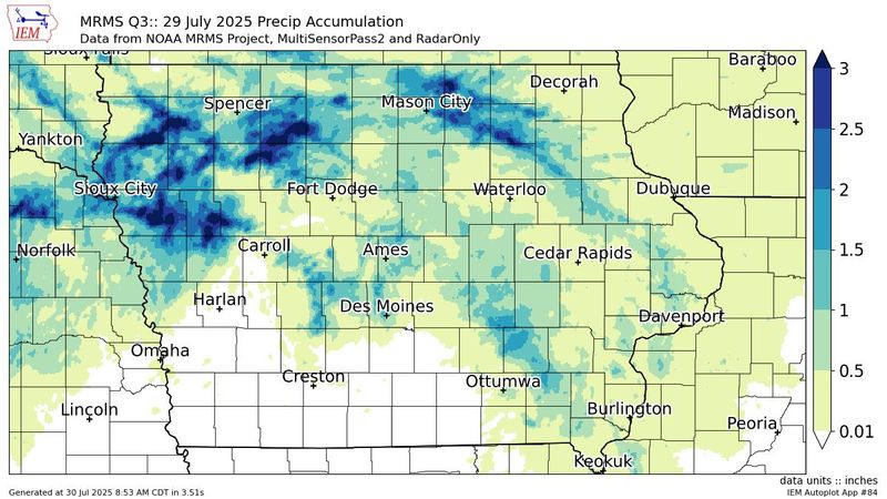 Parts of central and northwest Iowa received the most rainfall through a 24-hour period ending at 8 a.m. Wednesday, July 30, 2025.