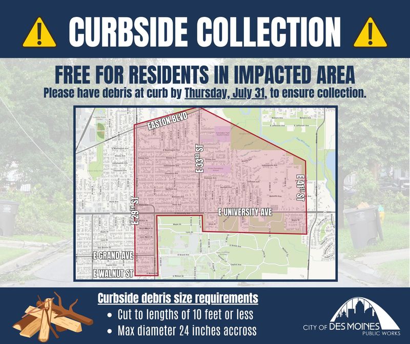 The city of Des Moines will do free curbside debris pickup after storms swept through on July 30, 2025.