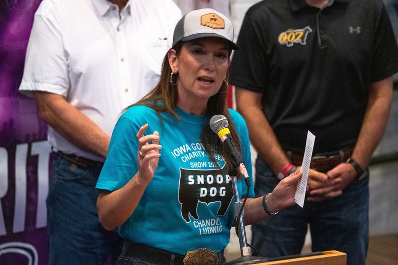 U.S. Department of Agriculture Secretary Brooke Rollins speaks during a press conference in Penningroth Arena in the Cattle Barn during the third day of the Iowa State Fair on Aug. 9, 2025, in Des Moines.