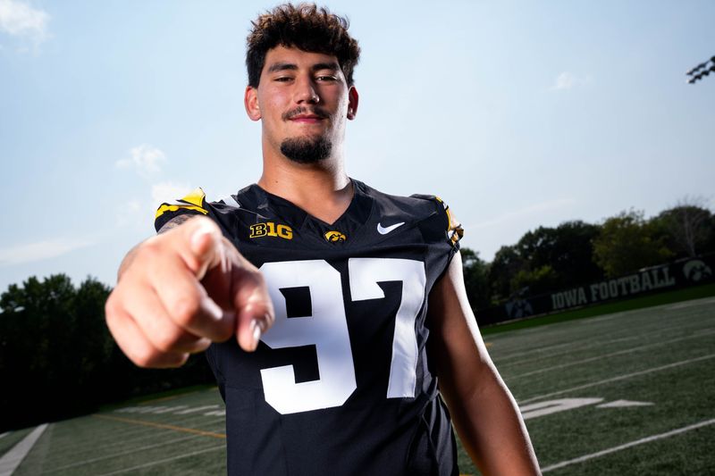 Defensive Lineman Iose Epenesa stands for a portrait during Iowa Footballâ€™s media day on Aug. 8, 2025, in Iowa City.