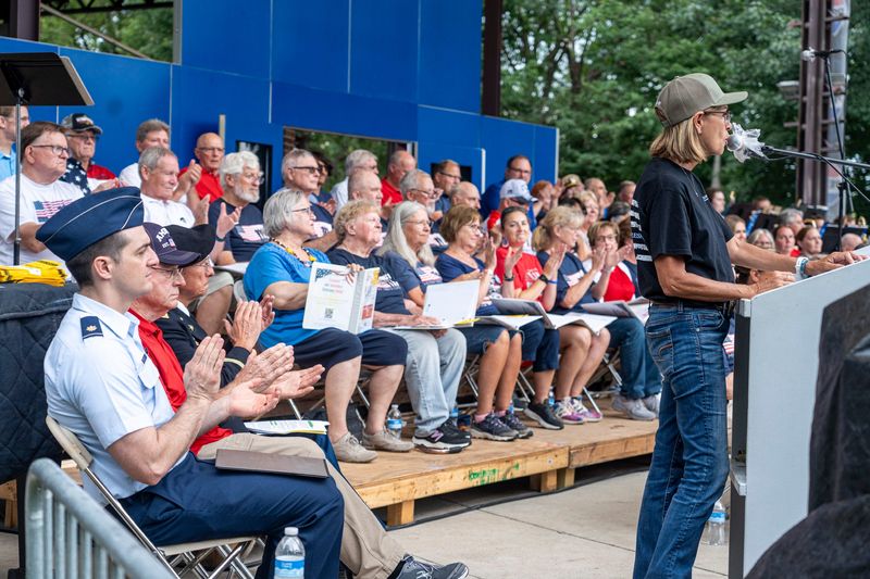Iowa Gov. Kim Reynolds speaks during the Veterans Band and Military Tribute Concert on the fifth day of the Iowa State Fair on Aug. 11, 2025, in Des Moines.