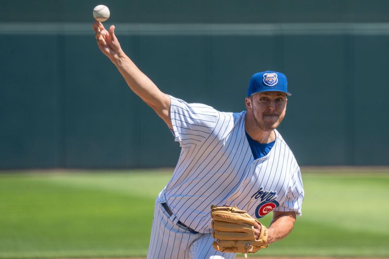 Iowa Cubs pitcher Jameson Taillon pitches during game two of an Iowa Cubs/Worcester Red Sox series at Principal Park on Aug. 13, 2025, in Des Moines.