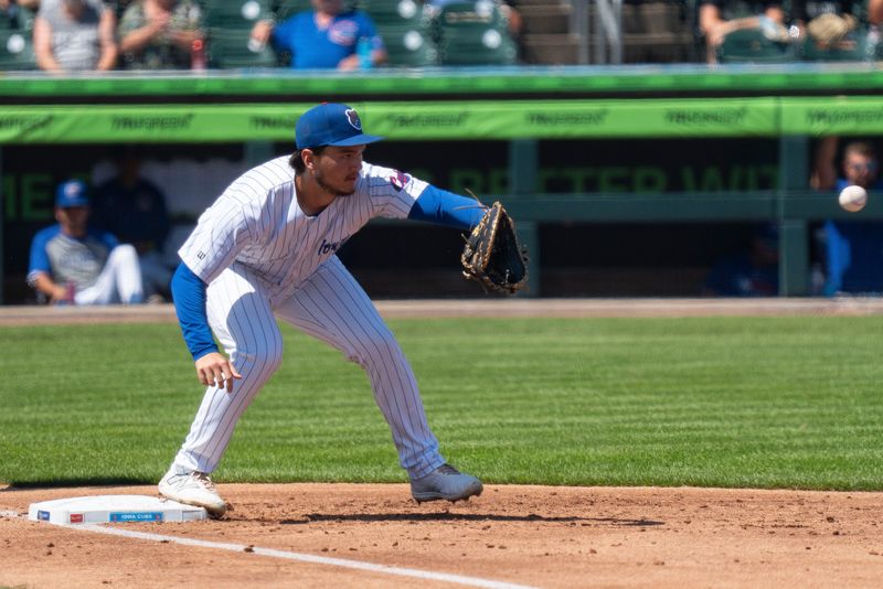 Iowa Cubs first baseman Jonathon Long catches a ball during game two of an Iowa Cubs/Worcester Red Sox series at Principal Park on Aug. 13, 2025, in Des Moines.