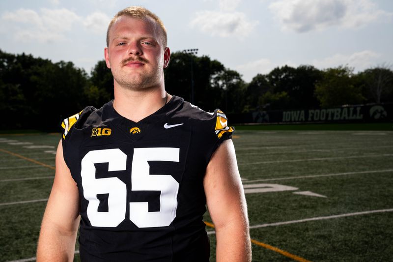 Offensive Lineman Logan Jones stands for a photo during Iowa Footballâ€™s media day on Aug. 8, 2025, in Iowa City.