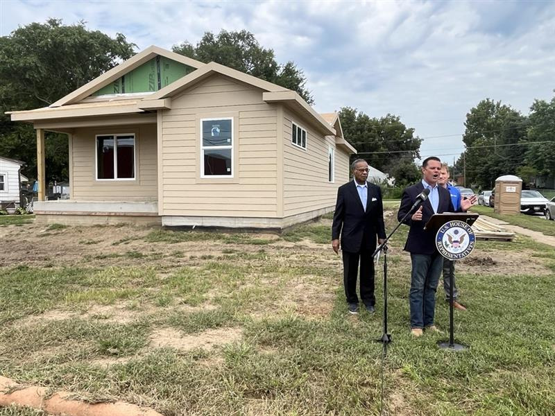 Republican U.S. Rep. Zach Nunn announces rural housing legislation in Des Moines alongside Rep. Emanuel Cleaver, D-Missouri, and Greater Des Moines Habitat for Humanity CEO Lance Henning on Thursday, Aug. 14, 2025.