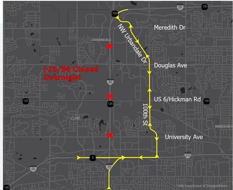 A map of the detour for night-time closures beginning Aug. 24, 2025.
