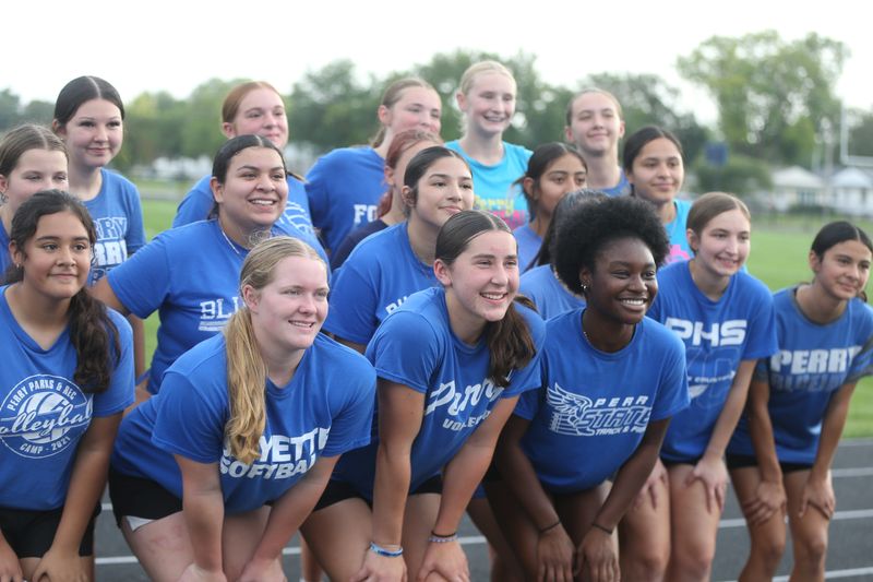 Perry volleyball players are introduced during the Fall Sports Kickoff on Aug. 15, 2025.