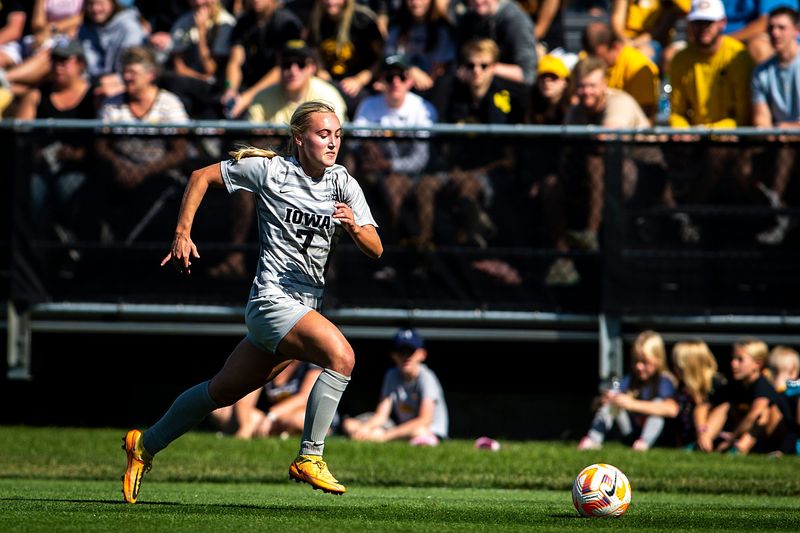 Former Iowa defender Halle Skibo chases down a ball during a NCAA Big Ten Conference women's soccer match against Michigan, Sunday, Oct. 2, 2022, at the University of Iowa Soccer Complex in Iowa City, Iowa.