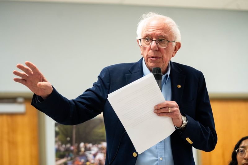 Sen. Bernie Sanders (I-VT) speaks to a crowd on immigration issues on Aug. 22, 2025, at St. Joseph Catholic Church in West Liberty, Iowa.