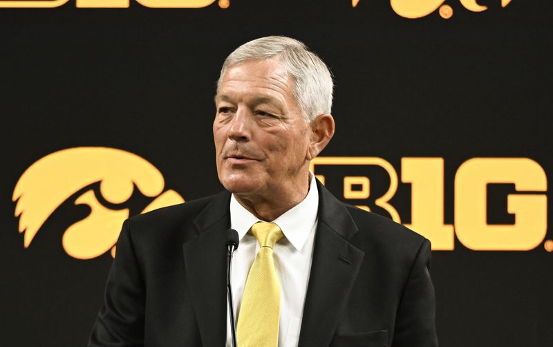 Jul 24, 2024; Indianapolis, IN, USA; Iowa Hawkeyes head coach Kirk Ferentz speaks to the media during the Big 10 football media day at Lucas Oil Stadium. Mandatory Credit: Robert Goddin-USA TODAY Sports