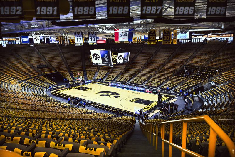 Feb 2, 2025; Iowa City, Iowa, USA; A general view of Carver-Hawkeye Arena before the game between the Iowa Hawkeyes and the USC Trojans. The Hawkeyes will be retiring the jersey of former player Caitlin Clark after the game. Mandatory Credit: Jeffrey Becker-Imagn Images