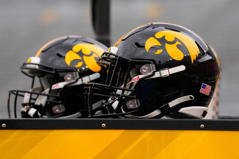Oct 14, 2023; Madison, Wisconsin, USA; General view of Iowa Hawkeyes helmets prior to the game against the Wisconsin Badgers at Camp Randall Stadium. Mandatory Credit: Jeff Hanisch-USA TODAY Sports