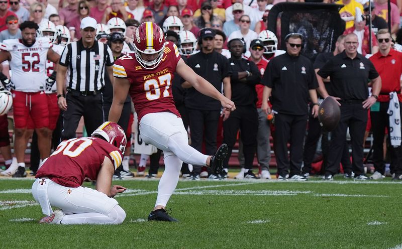 Iowa State Cyclones' kicker Kyle Konrardy (97) kicks the ball for a field goal against South Dakota during the second quarter quarter in the home game opening at Jack Trice Stadium on August 30, 2025, in Ames, Iowa