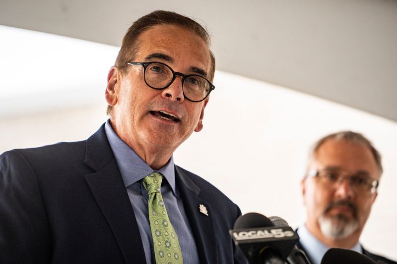 Polk County Board of Supervisors Chair Matt McCoy speaks to the press during a ribbon-cutting ceremony and tour on Sept. 3, 2025, at the new Polk County Election Office in Polk County River Place in Des Moines.