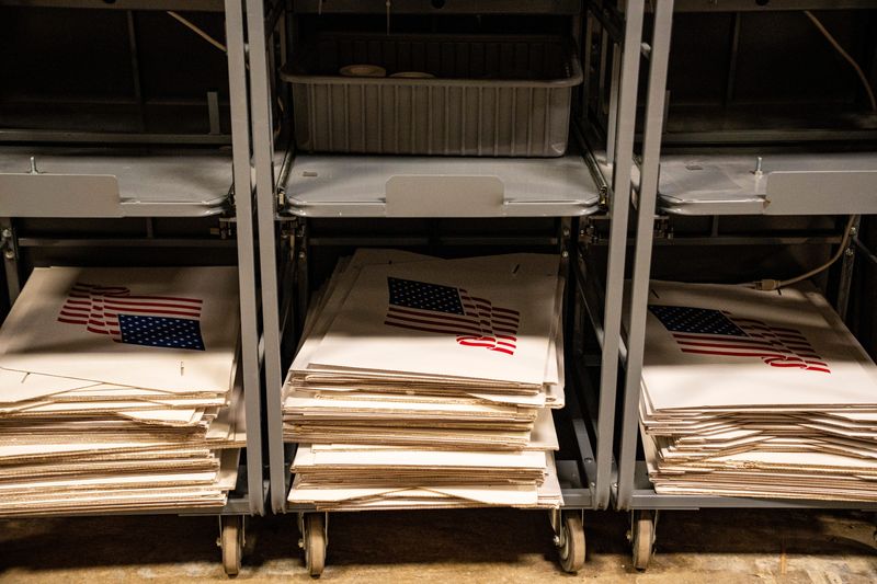 Voting blinds are seen on a cart during a ribbon-cutting ceremony and tour on Sept. 3, 2025, at the new Polk County Election Office in Polk County River Place in Des Moines. The new election office replaces the closed location at Second and Court Avenue.