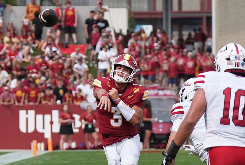Iowa State Cyclones quarterback Rocco Becht (3) passes the ball against the South Dakota Coyotes during the second quarter at Jack Trice Stadium in Ames, Iowa.