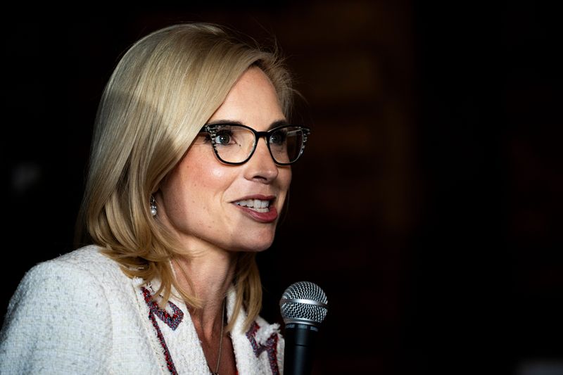 U.S. Rep. Ashley Hinson, R-Iowa, who is running for U.S. Senate, speaks to supporters during her first 99 county tour stop on Sept. 5, 2025, at Bevy's Tavern in West Des Moines, Iowa.