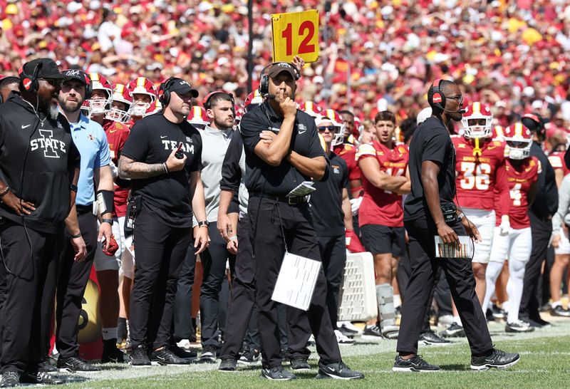 Sep 6, 2025; Ames, Iowa, USA; Iowa State Cyclones head coach Matt Campbell looks on against the Iowa Hawkeyes during the second quarter at Jack Trice Stadium. Mandatory Credit: Reese Strickland-Imagn Images