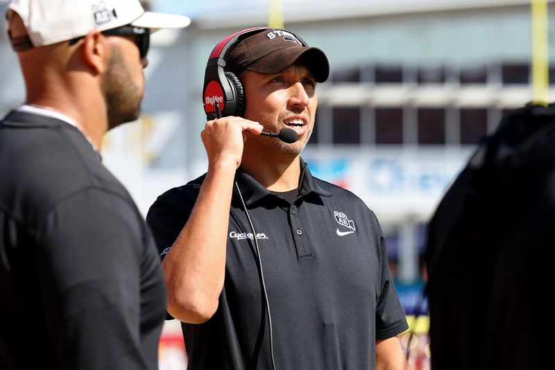 Sep 6, 2025; Ames, Iowa, USA; Iowa State Cyclones head coach Matt Campbell looks on against the Iowa Hawkeyes during the second quarter at Jack Trice Stadium. Mandatory Credit: Reese Strickland-Imagn Images