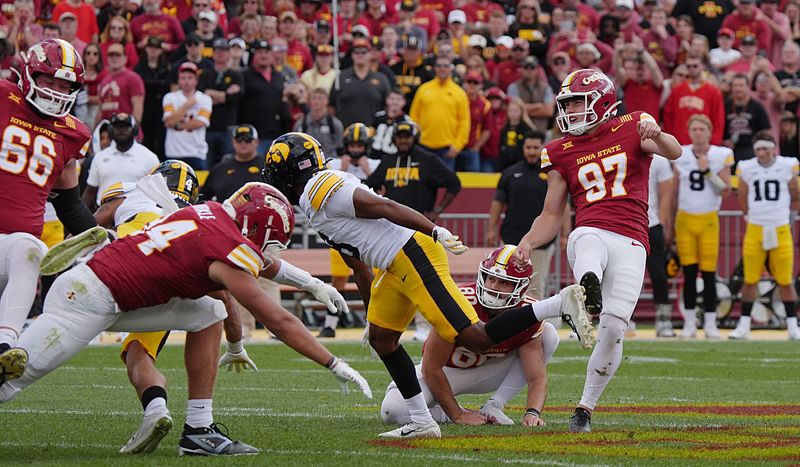 Iowa State Cyclones kicker Kyle Konrardy (97) looks at the ball after a game winning field goal against Iowa during the fourth quarter in the Cy-Hawk football at Jack Trice Stadium on Sept. 6, 2025, in Ames, Iowa